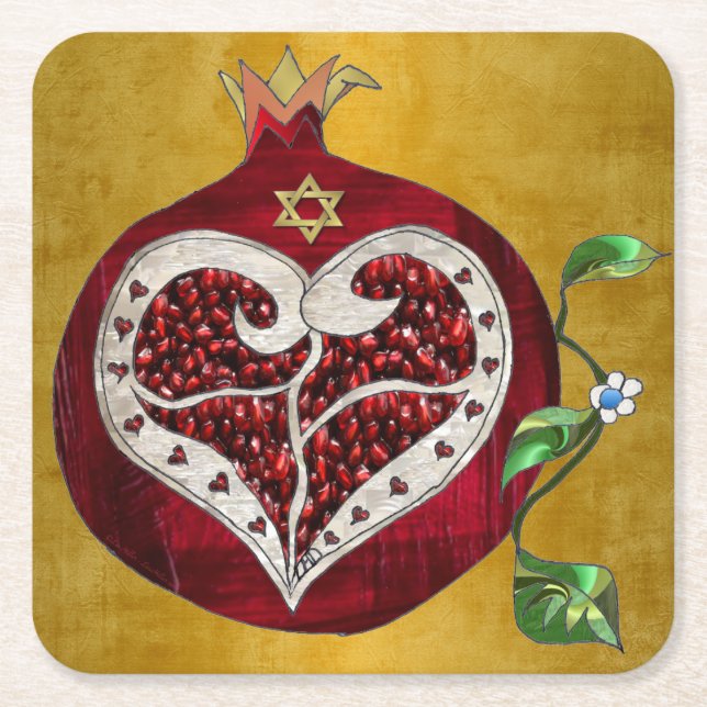 Dessous De Verre Carré Judaica Pomegranate Heart Hanoukka Rosh Hashanah (Devant)