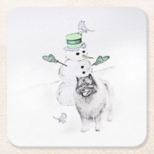 Dessous De Verre Carré Keeshond Noël Snowman Peinture Chien Art