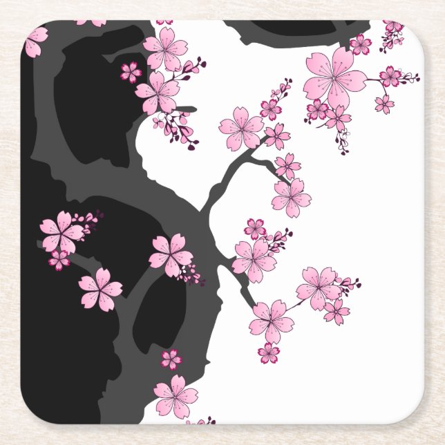 Dessous De Verre Carré Kimono japonais Sakura noir et blanc (Devant)
