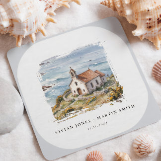 Dessous De Verre Carré La petite chapelle au bord de la mer Mariage