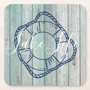 Dessous De Verre Carré Lake Life & Preserver Blue Wood