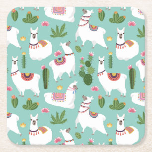 Dessous De Verre Carré Lamas mignons sur le motif turquoise