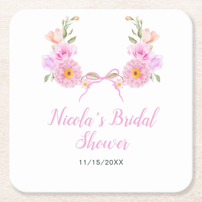 Dessous De Verre Carré Lancement de mariage ruban floral rose (Devant)