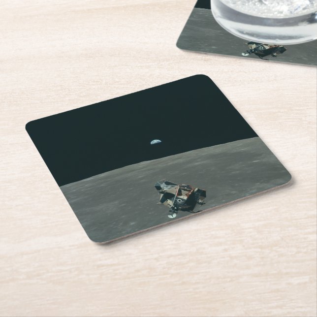 Dessous De Verre Carré Lander lunaire Apollo et lever de terre sur la lun (Incliné)