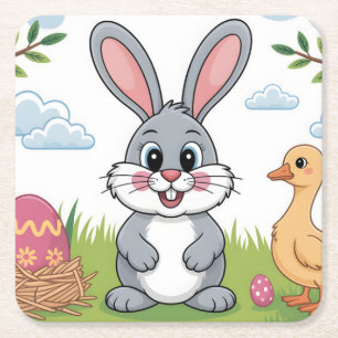 Dessous De Verre Carré Lapin de Pâques et caneton dans une prairie printa