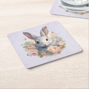 Dessous De Verre Carré Lapin entouré de fleurs pastel Mignon