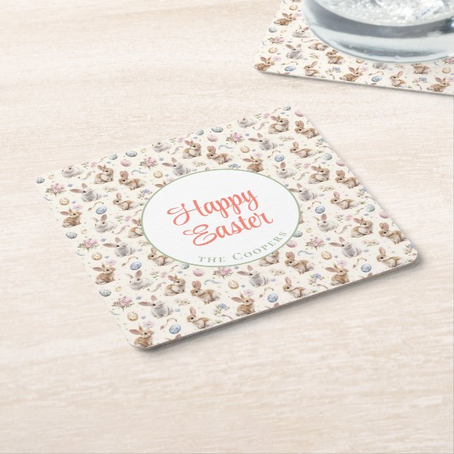Dessous De Verre Carré Lapin et Oeufs Floral (Incliné)