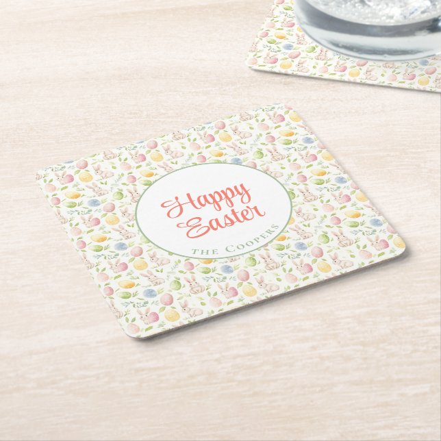 Dessous De Verre Carré Lapin et Oeufs Floral (Incliné)