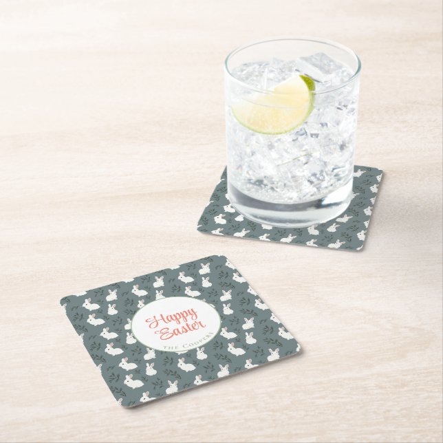 Dessous De Verre Carré Lapin et oeufs gris floral (En situation)