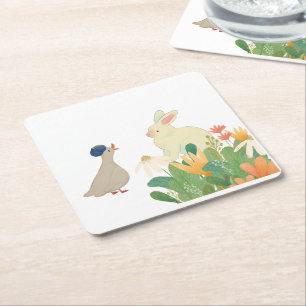 Dessous De Verre Carré Lapin et Oiseau de Whimsical en Fleur - Plage de p