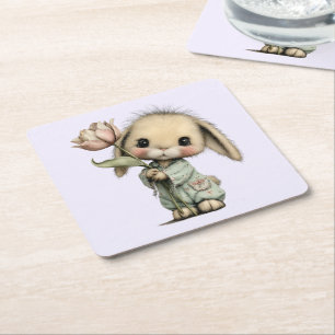 Dessous De Verre Carré Lapin mignon tenant une tulipe