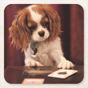 Dessous De Verre Carré Le chiot joue aux cartes