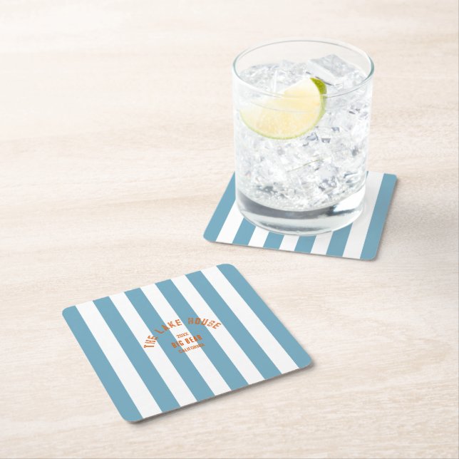 Dessous De Verre Carré Le Lake House Custom Crest Blue Nautical Stripe (En situation)