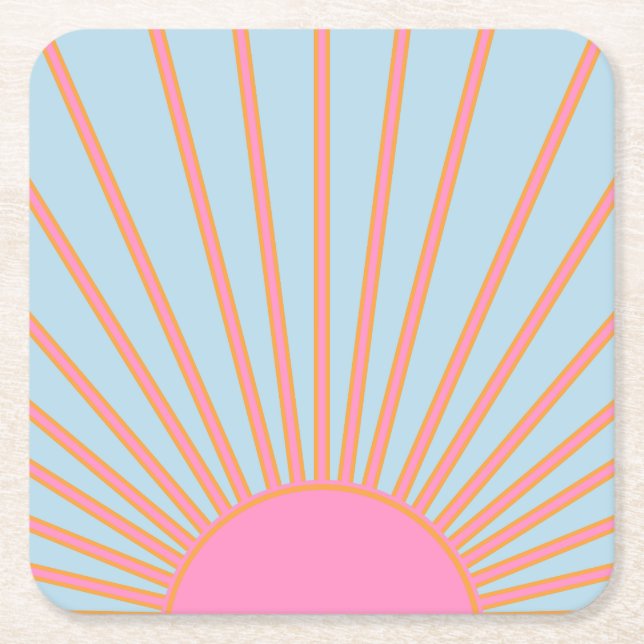 Dessous De Verre Carré Le Soleil 02 Retro Soleil Rose Et Bleu Soleil (Devant)