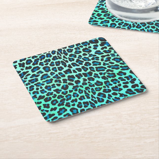 Dessous De Verre Carré Léopard noir et Turquoise (Incliné)