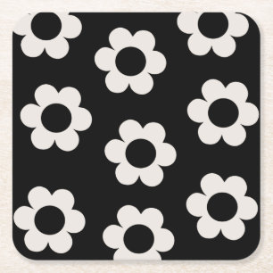 Dessous De Verre Carré Les Fleurs 02 Fleurs Rétro Florales Noires Et Blan
