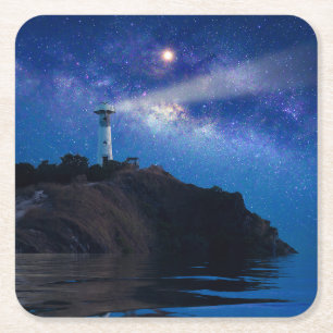 Dessous De Verre Carré Les phares   Phare de nuit étoilé