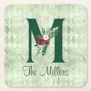 Dessous De Verre Carré Lettre florale d'hiver M personnalisée