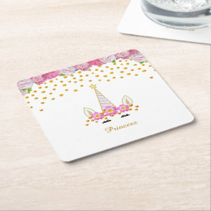 Dessous De Verre Carré Licorne, fleurs roses et confettis dorés