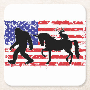 Dessous De Verre Carré Licorne, Jackalope, Bigfoot et le drapeau américai