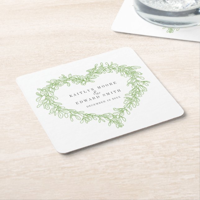 Dessous De Verre Carré Ligne Mistletoe art vert mariage d'hiver personnal (Incliné)