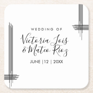 Dessous De Verre Carré Lignes Abstraites Noir Blanc Mariage Moderne