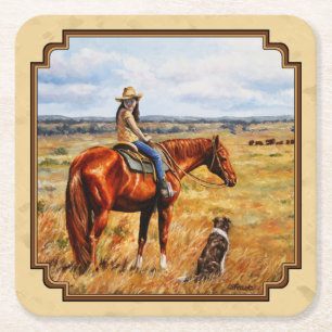 Dessous De Verre Carré Little Cowgirl on Cattle Horse Yellow