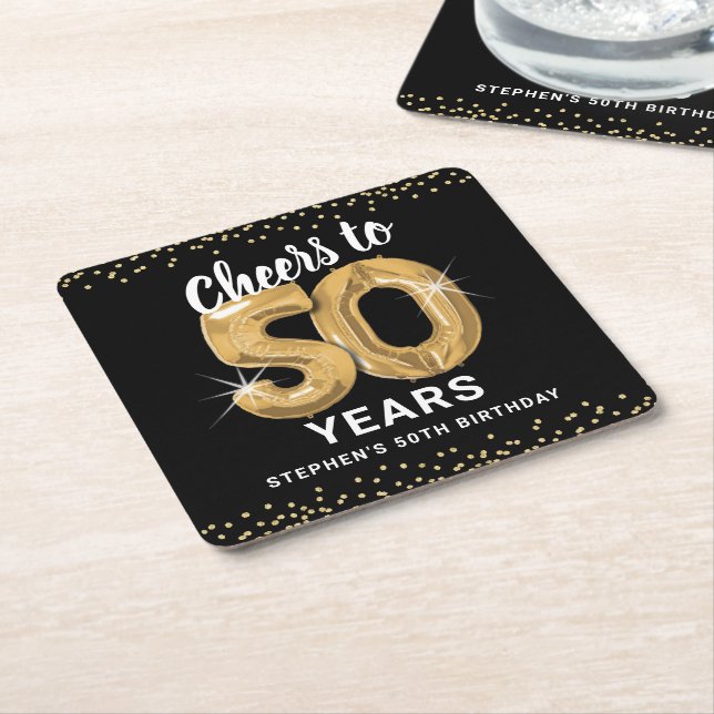 Dessous De Verre Carré L'or noir brille à 50 ans Anniversaire (Incliné)