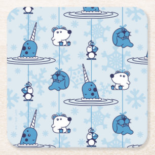 Dessous De Verre Carré M. Narwhal Blue Snowflake Motif