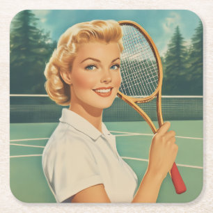 Dessous De Verre Carré Magazine des années 1950 Illustration Tennis Woman