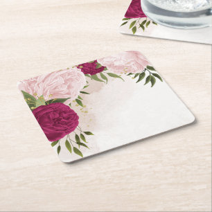 Dessous De Verre Carré magenta et fleurs roses verdure mariage