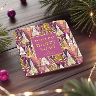 Dessous De Verre Carré Magenta Gold Noël Joyeux Motif#25 ID1009