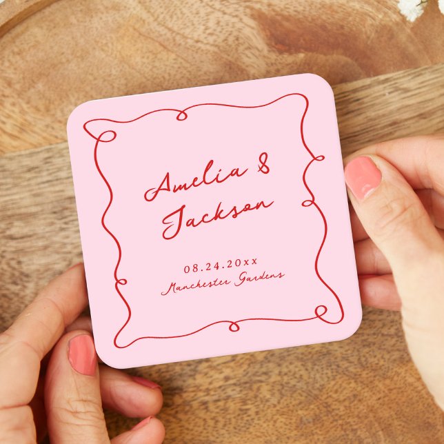 Dessous De Verre Carré Main Whimsical tirée rose et Mariage rouge (Créateur téléchargé)
