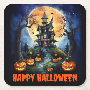 Dessous De Verre Carré Maison hantée d'Halloween avec parti Citrouille