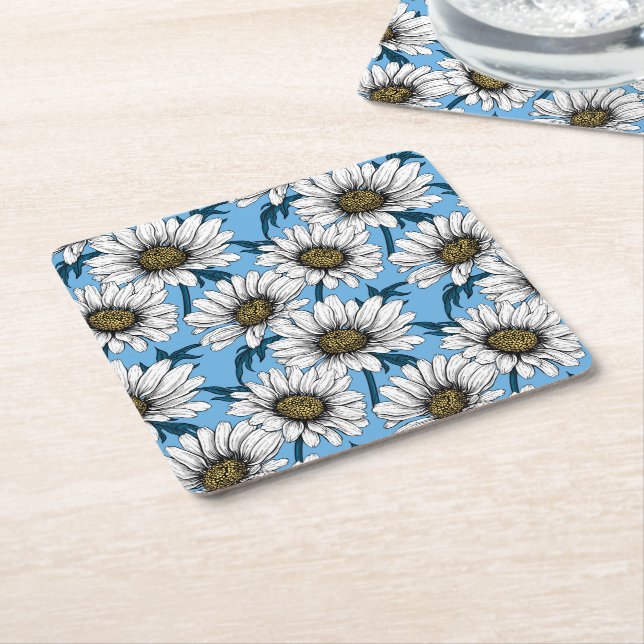 Dessous De Verre Carré Maisonnettes, fleurs sauvages sur bleu (Incliné)