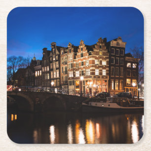 Dessous De Verre Carré Maisons de canal d'Amsterdam la nuit