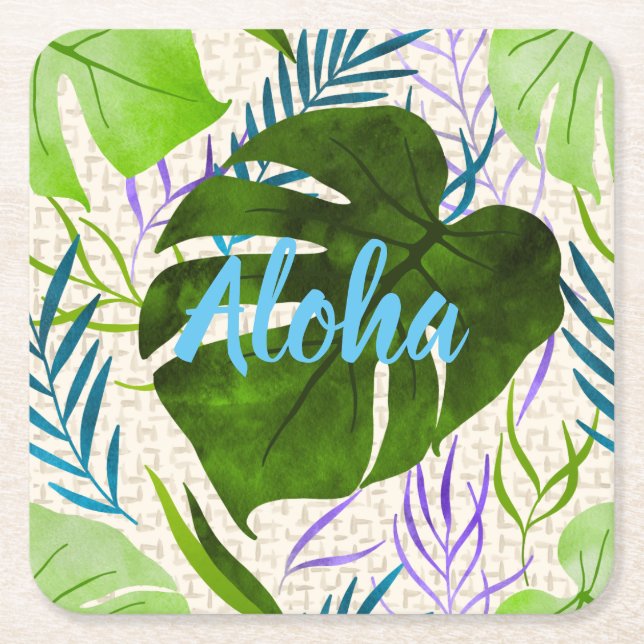 Dessous De Verre Carré Maleah Monstera Tropical Hawaiian Aquarelle Vert (Devant)
