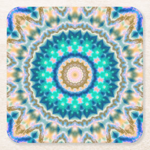 Dessous De Verre Carré Mandala jaune turquoise