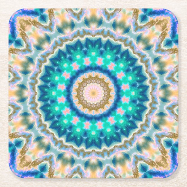 Dessous De Verre Carré Mandala jaune turquoise (Devant)
