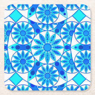 Dessous De Verre Carré Mandala motif, bleu cobalt et turquoise