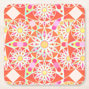 Dessous De Verre Carré Mandala motif, corail rouge, rose, or