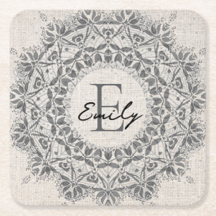 Dessous De Verre Carré Mandala Nom personnalisé Monogramme Monochrome gri