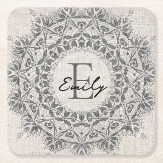 Dessous De Verre Carré Mandala Nom personnalisé Monogramme Monochrome gri