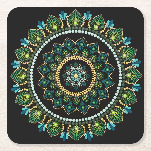 Dessous De Verre Carré Mandala vert | Peint main | Géométrie sacrée (Devant)