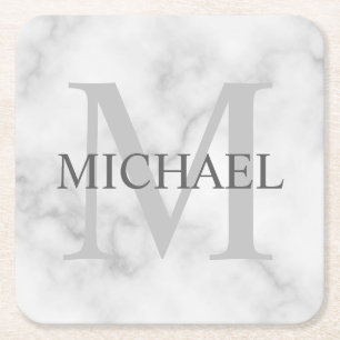 Dessous De Verre Carré Marbre blanc classique Monogramme personnalisé et 