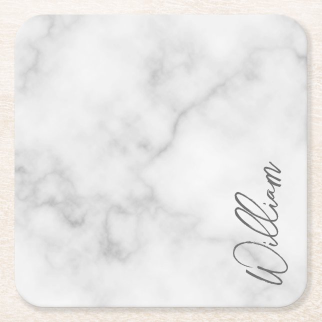 Dessous De Verre Carré Marbre blanc Modern Script Nom personnalisé (Devant)