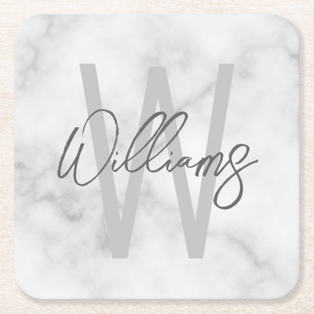 Dessous De Verre Carré Marbre blanc Script Monogramme personnalisé et nom (Devant)