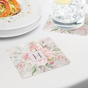 Dessous De Verre Carré Marbre floral élégant rose pivoine Monogram