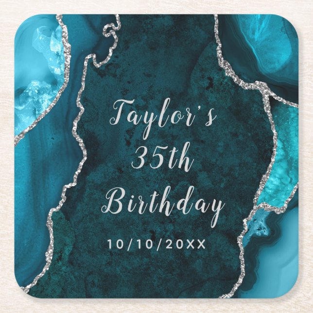 Dessous De Verre Carré Marbre turquoise et Argent Agate Anniversaire (Devant)