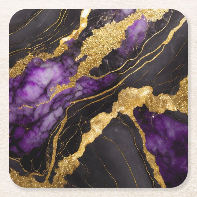 Dessous De Verre Carré Marbre violet noir avec or (Devant)